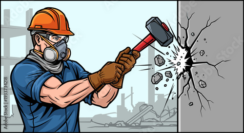 Construction Worker Demolishing Wall with Sledgehammer.