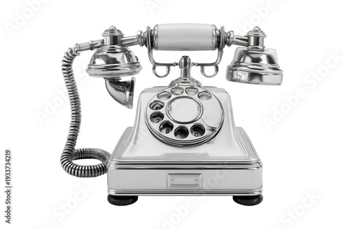 A vintage rotary phone on a white background, showcasing a classic design with a coiled cord and dials.