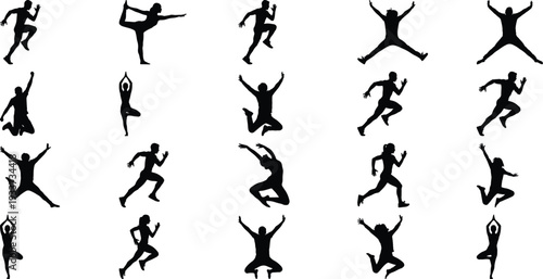 Array of black silhouettes illustrating individuals engaged in energetic activities like jumping, running, and practicing yoga, symbolizing vitality and health.