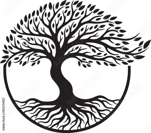 Elegant Tree of Life with Roots and Branches in a Circle Icon Design