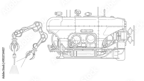 Submarine Robotics Exploration: An illustration showcasing the intricate design of a submarine with an attached robotic arm, highlighting the exploration of underwater environments.
