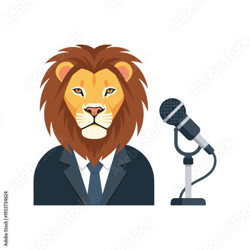 Lion Head in Suit with Microphone.