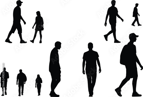Silhouettes of people walking and standing in various poses on a white background black