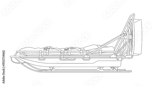 Emergency Sled Transport: A detailed outline of a specialized sled designed for emergency medical transport, showcasing its features for navigating challenging terrains and ensuring patient safety.