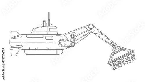 Ocean Exploration: A detailed line drawing of a futuristic submarine, equipped with a mechanical arm, delves into the depths of the ocean.