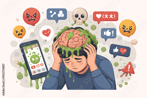 Toxic Social Media Addiction and Brain Rot Concept Illustration with a Person Suffering from Depression and Anxiety due to Negative Online Content, Cyberbullying, and Digital Stress