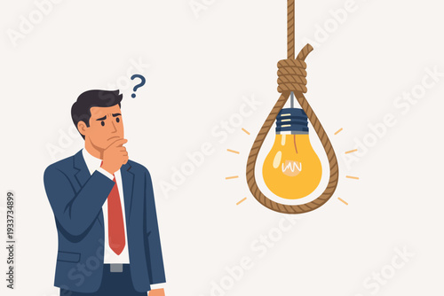Businessman looking at a glowing light bulb inside a gallows noose, symbolizing a bad idea, business risk, self-sabotage, trap, failure, dangerous innovation, and poor strategic decision-making.