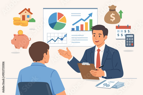 Professional Financial Advisor Consulting Client on Budget Planning, Wealth Management, and Investment Strategy with Data Analysis Charts, Piggy Bank, and Money Icons for Future Savings.
