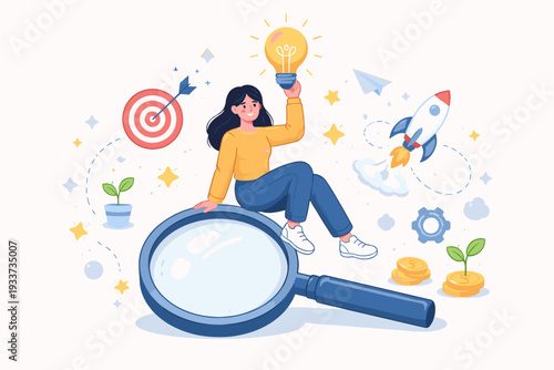 Creative Business Woman Sitting on a Giant Magnifying Glass Holding a Lightbulb for New Ideas, Innovation, Startup Launch, Growth, and Opportunity Search Concept Flat Vector Illustration