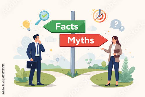 Fact vs Myth Illustration with Business People at a Crossroads Choosing Between Truth and False Information, Decision Making, Belief or Fiction, Critical Thinking, and Verifying Evidence.