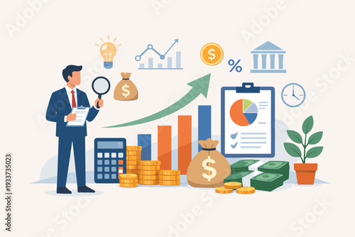 Financial management and planning concept with businessman analyzing data using charts, money bags, coins, and calculator for profit maximization, investment strategy, and capital growth.