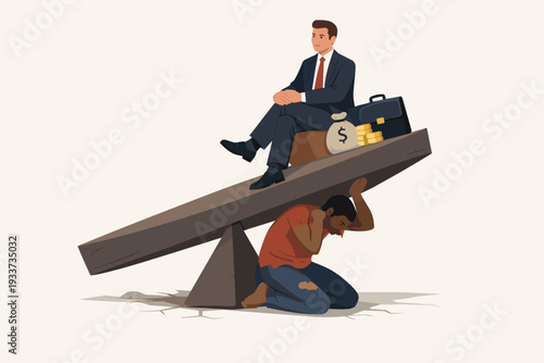 Social Inequality and Wealth Gap Concept with a Rich Businessman Sitting Comfortably on a Seesaw While a Poor Man Struggles to Support the Heavy Burden of Injustice and Economic Disparity