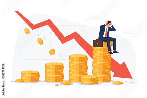 Stressed Businessman Sitting on Stack of Gold Coins with Falling Red Arrow Representing Financial Loss, Economic Recession, Stock Market Crash, Investment Failure, and Debt Crisis Concept.