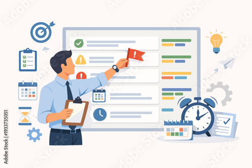 Professional man organizing work agenda on a task board, marking urgent priorities with a red flag. Productivity and time management concept featuring alarm clock, calendar, and goal icons.