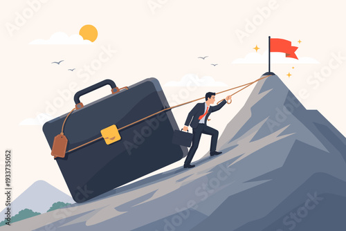 Businessman in suit pulling a giant heavy briefcase up a steep mountain with a rope towards a red flag, representing persistence, hard work, motivation, and the challenge to achieve success.
