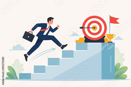 Businessman jumping over stairs to reach target goal and gold trophy. Concept of career advancement, shortcut to success, and achieving business objectives through motivation and ambition.