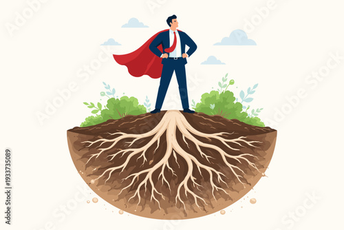 Superhero Businessman with Red Cape Standing on a Hill with Deep Underground Roots, Representing Resilience, Inner Strength, Business Endurance, and the Power to Survive Crisis and Grow Stronger