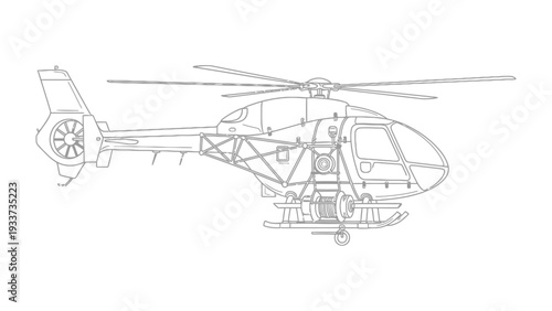 Detailed Helicopter Blueprint: A detailed technical drawing outlines the intricate structure of a modern helicopter, showcasing its mechanics, design, and engineering in precise line art.