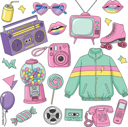 Vibrant Retro Lifestyle Icon Set: 80s and 90s Nostalgia Featuring Boombox, Roller Skates, Cassette, and Pop Culture Elements