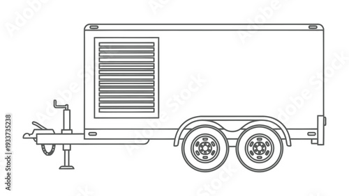 Industrial Trailer: A detailed monochrome illustration of a rugged industrial trailer, essential for transporting heavy equipment, its sturdy wheels.