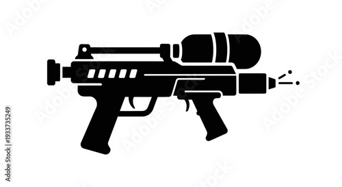 Black silhouette of a futuristic water gun toy, isolated on white background