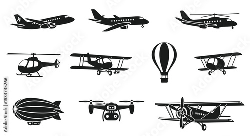 Collection of Aircraft Icons: Jets, Helicopters, Planes, Drone, Blimp, Hot Air Balloon