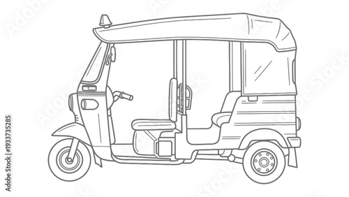 Tuk-Tuk: An outline of a Tuk-tuk, a common motorized rickshaw, perfect for representing transport and travel in urban environments.