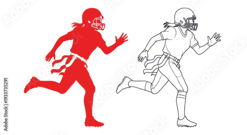 Flag Football Player Silhouette and Line Drawing Running
