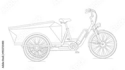 Cargo Bike Illustration: A detailed line drawing showcases a sturdy cargo bike, designed for carrying goods.