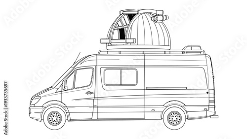 Mobile Observatory: A detailed line art illustration showcases a mobile observatory, highlighting the integration of a scientific dome atop a van, designed for astronomical research.