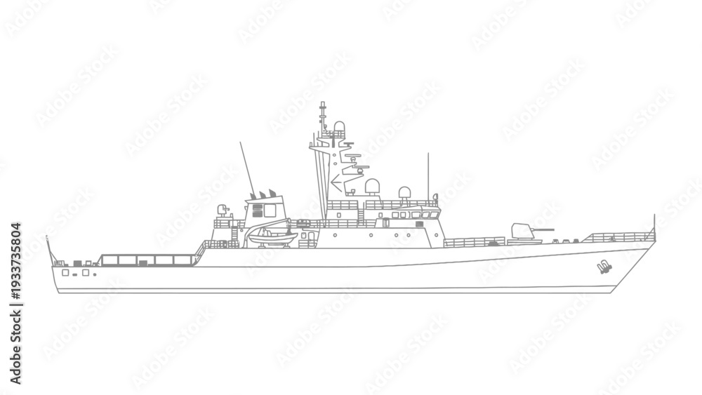 Fototapeta premium Naval Ship's Silhouette: An meticulously illustrated outline of a naval vessel, highlighting its structural intricacies, design elements, and seaworthy functionality, inviting exploration.