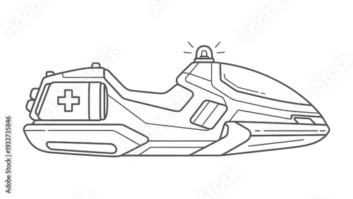 Emergency Response Vessel: A stylized illustration of a rescue jet ski, emblazoned with medical symbols, lights, and innovative design.