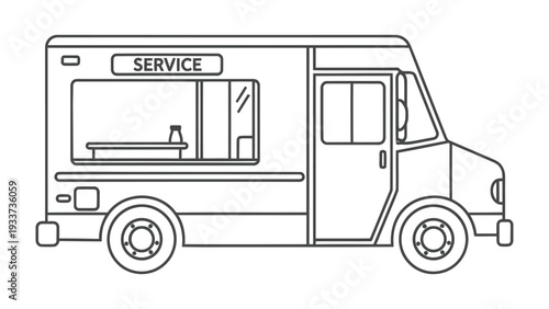 Service Truck in Transit: An outlined service truck showcases simplicity in design, presenting an open window and door, ready for work or transit. 