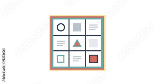 Grid of geometric shapes and lines on white background.