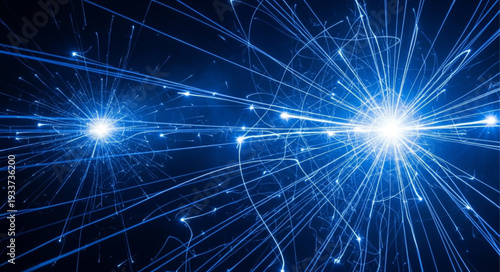 Abstract glowing blue energy explosion with light trails.