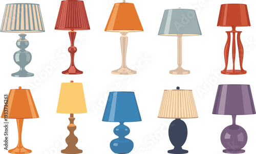 Collection of colorful vintage table lamps vector illustration set isolated on white background, retro home decor lighting design elements