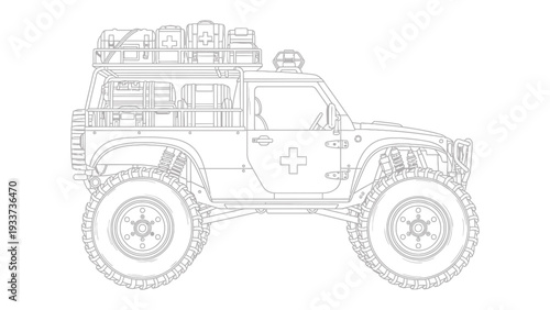 Off-Road Ambulance Car: The rugged vehicle stands ready for action, embodying strength and capability with its specialized design and equipment.