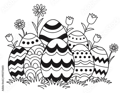 Group of decorated Easter eggs placed in grass with small flowers coloring book silhouette vector illustration isolated on white background