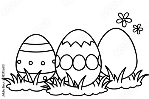Group of decorated Easter eggs placed in grass with small flowers coloring book vector illustration isolated on white background