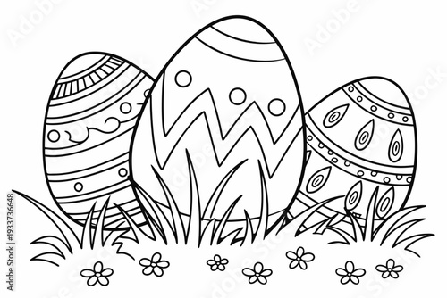 Group of decorated Easter eggs placed in grass with small flowers coloring book silhouette vector illustration isolated on white background