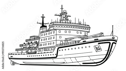 Naval Vessel Illustration: A detailed black and white illustration of a robust naval vessel, showcasing its intricate design and maritime prowess.