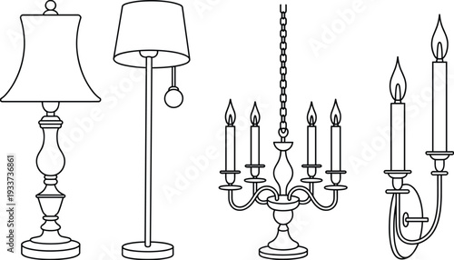 Vintage lamp and chandelier outline vector illustration set isolated on white background, classic interior lighting line art collection