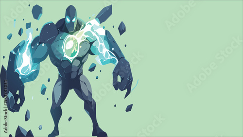 Futuristic muscular superhero with glowing energy core and water power shield, dynamic sci fi warrior character breaking rocks, vibrant comic style vector illustration background.