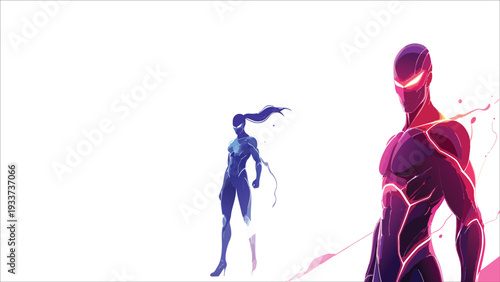 Futuristic neon cybernetic humanoid robots in dynamic pose, glowing sci-fi android characters with sleek armor and vibrant energy lines, isolated minimalist vector illustration.