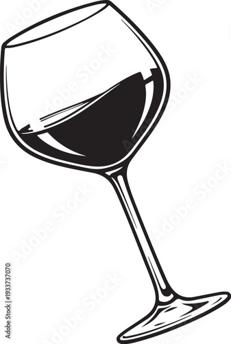 Black and White Vector Illustration of Tilted Wine Glass with Red Wine