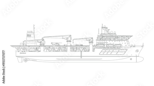 Shipping vessel blueprint: A detailed blueprint illustrates the intricate design of a large cargo shipping vessel, showcasing its structure and components. 