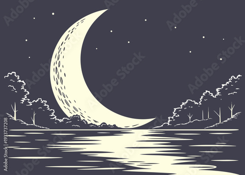 A serene night scene with a moonlit lake and silhouettes of animals. isolated on transparent background, isolated on white background, Vector