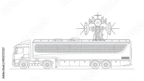 Mobile Communication Hub: A sleek, modern semi-trailer truck transformed into a mobile communications hub, equipped with advanced satellite and antenna arrays for global connectivity.