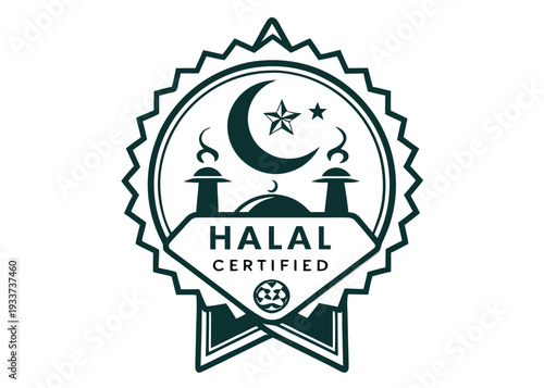 Halal certification logo with intricate design and ribbon border isolated on transparent background, isolated on white background, Vector