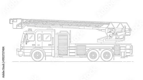 Fire Truck Blueprint: A detailed blueprint of a modern fire truck with its ladder extended. This technical illustration showcases the complex design and functionality of the vehicle.
